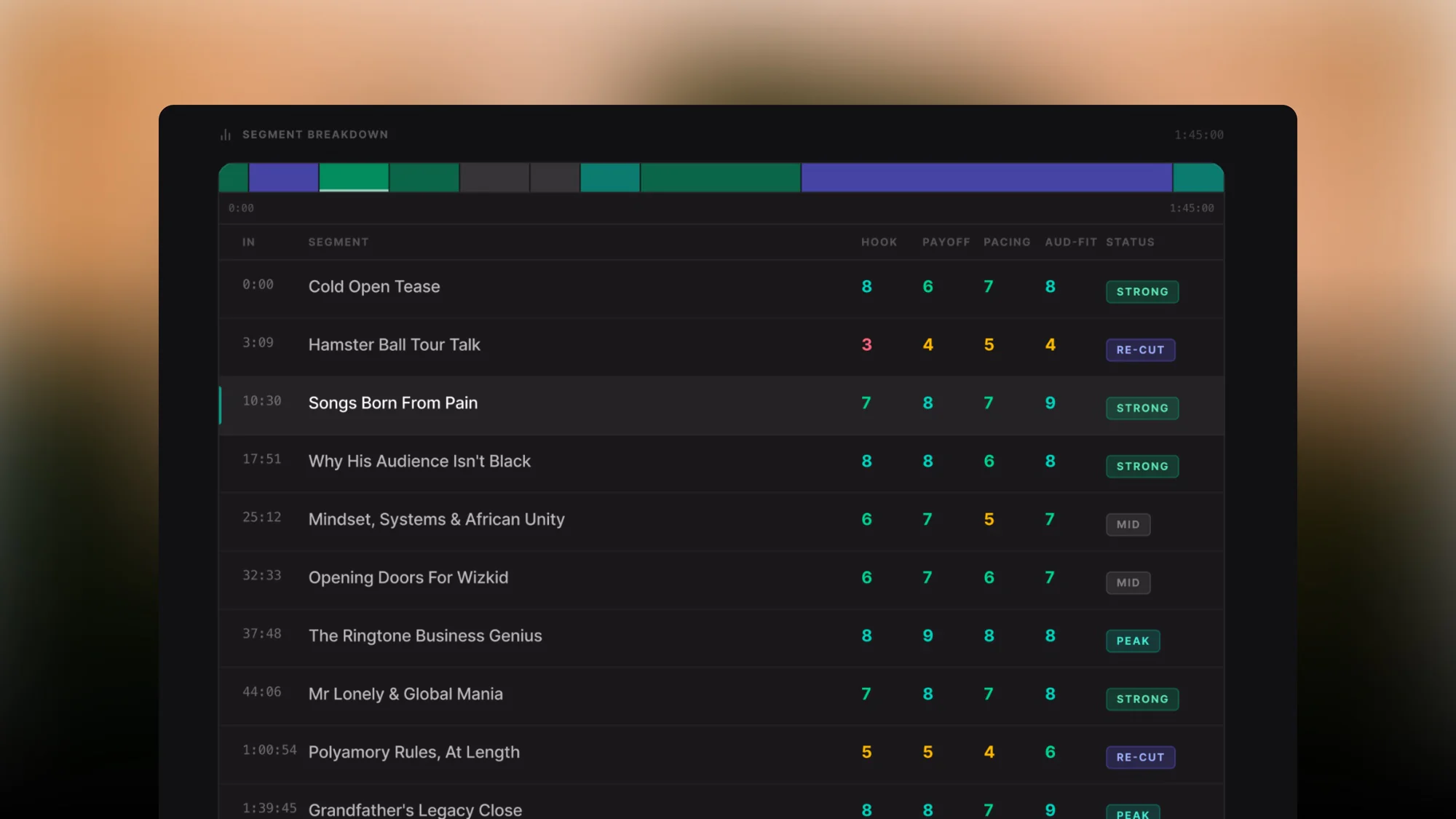 Segment-level scores and recommendations